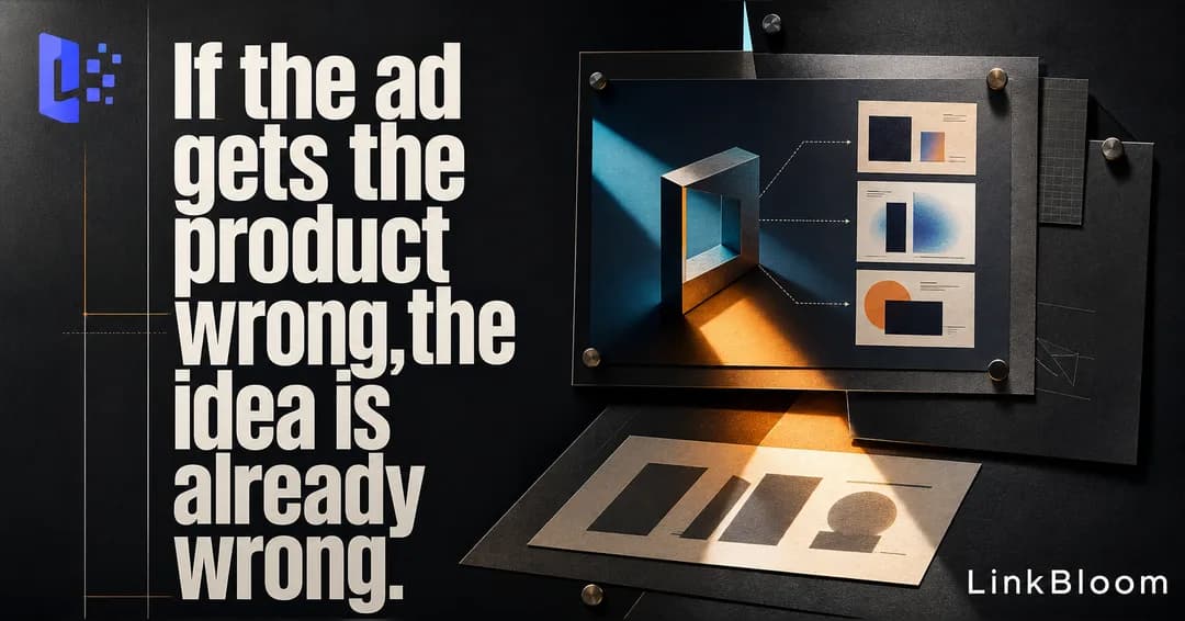 A 1.91:1 ad reviewed at 87 overall, headlined “If the ad gets the product wrong, the idea is already wrong.”