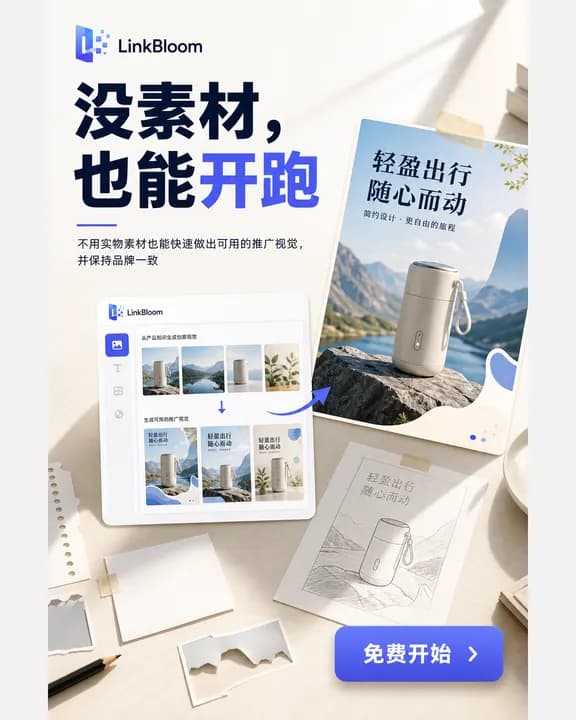 LinkBloom 竖版广告,主标题「没素材,也能开跑」,画面里一台平板正把一只旅行保温杯铺成三版风格一致的推广图,右侧是成品海报「轻盈出行 随心而动」。