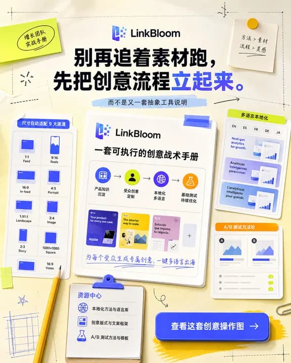 LinkBloom 竖版广告,主标题「别再追着素材跑,先把创意流程立起来。」,左栏列出自动适配的 9 大渠道尺寸(1:1、9:16、16:9、4:5、1.91:1 等),中间是一本创意战术手册,右栏是多语言本地化与 A/B 测试方法论。