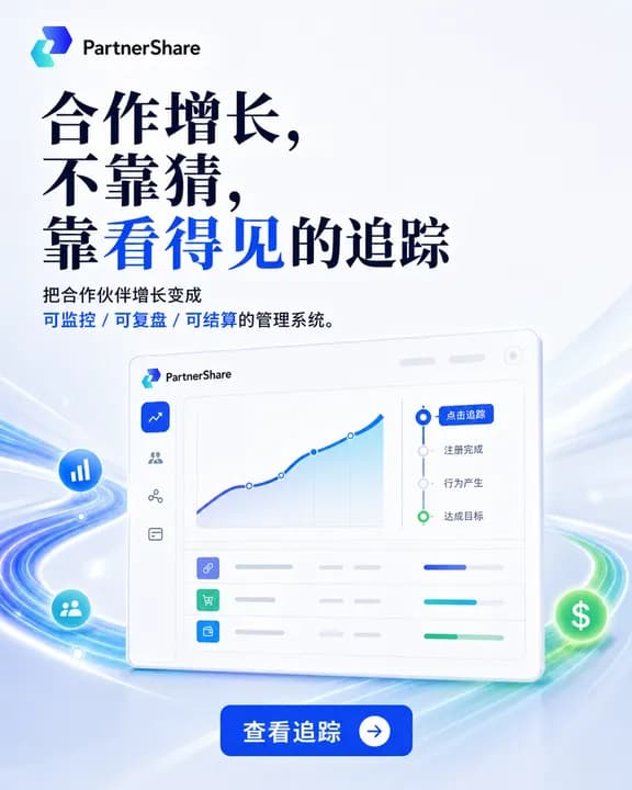 PartnerShare 竖版广告,主标题「合作增长,不靠猜,靠看得见的追踪」,画面是一块合作伙伴增长看板,折线上升,右侧标出点击追踪、注册完成、行为产生、达成目标四段链路。