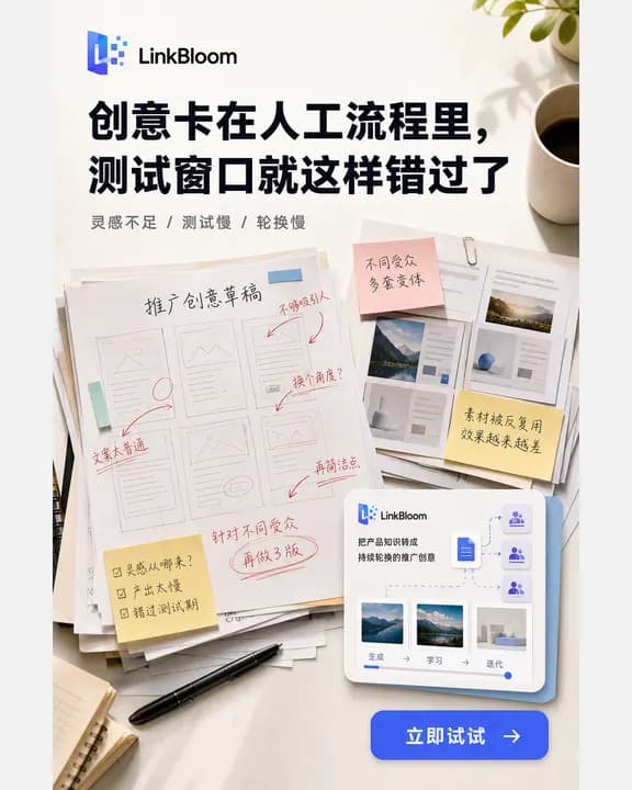 LinkBloom 竖版广告,主标题「创意卡在人工流程里,测试窗口就这样错过了」,桌面上摊着手写批注的推广创意草稿,右下角一块面板把产品知识转成持续轮换的推广创意。