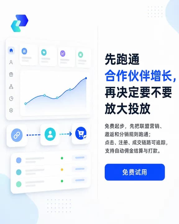 PartnerShare 竖版广告,主标题「先跑通合作伙伴增长,再决定要不要放大投放」,左侧看板显示增长曲线与点击、注册、成交的可追踪链路,正文提到免费起步与自动佣金结算。